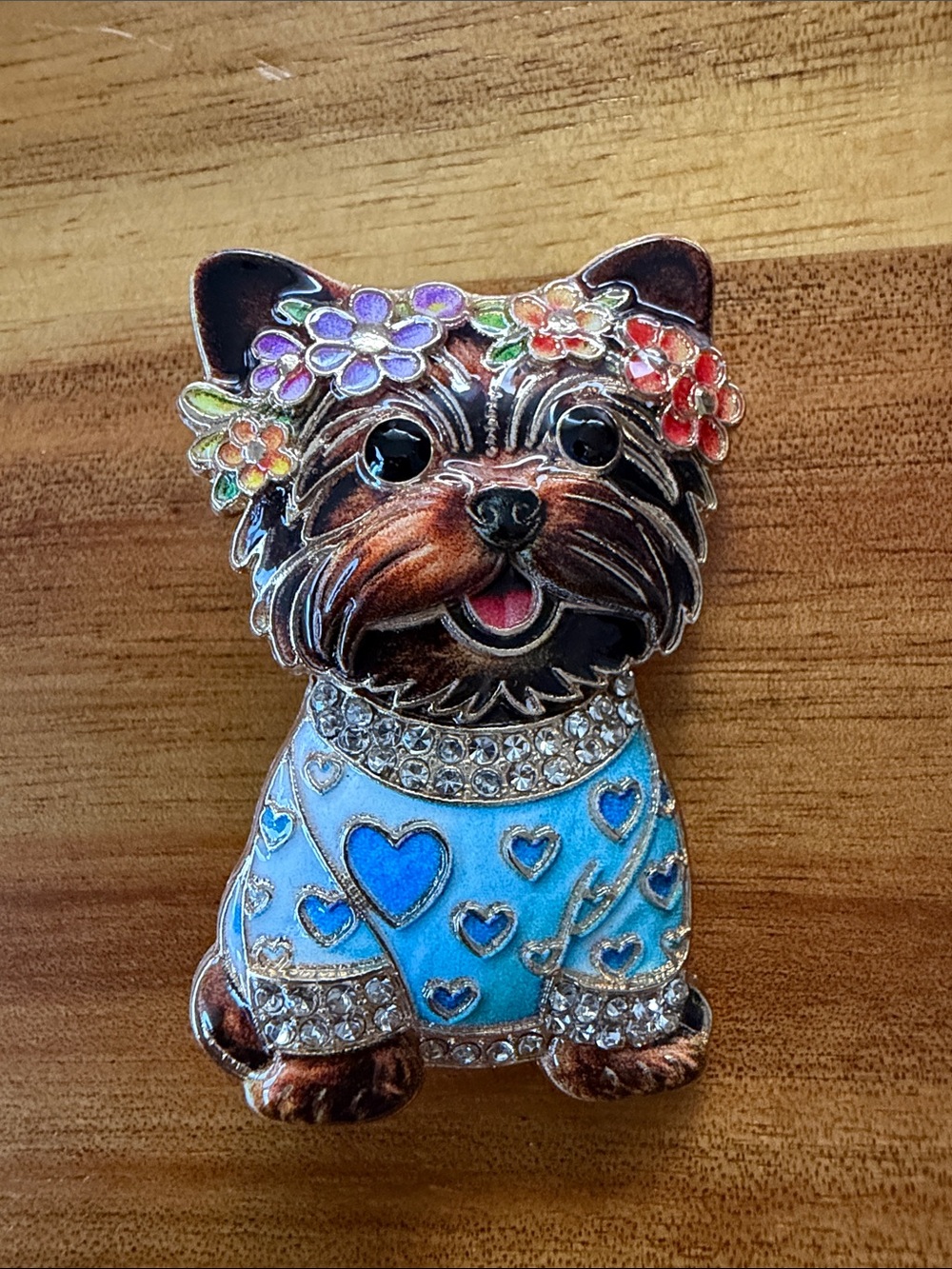 Blue Enamel Dog Brooch with Floral Accents & Crystal Collar & Cuffs